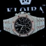 Fully Iced Out Two Tone Black Dial Chronograph Stick Markers Moissanite Watch