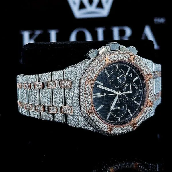 Fully Iced Out Two Tone Black Dial Chronograph Stick Markers Moissanite Watch Left Strap View