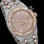 Fully Iced Out Two Tone Rose Gold Moissanite Diamond Baguette Watch Close Up Dial View