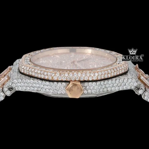 Fully Iced Out Two Tone Rose Gold Moissanite Diamond Baguette Watch Crown View