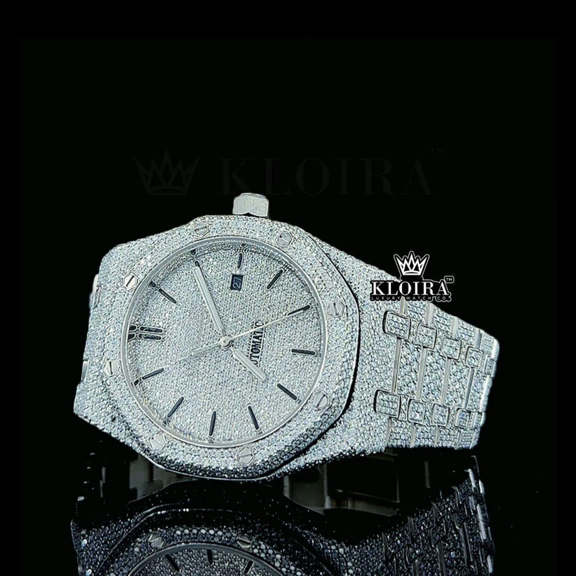 Fully Iced Out White Dial AP Moissanite Diamond Watch Close Up View