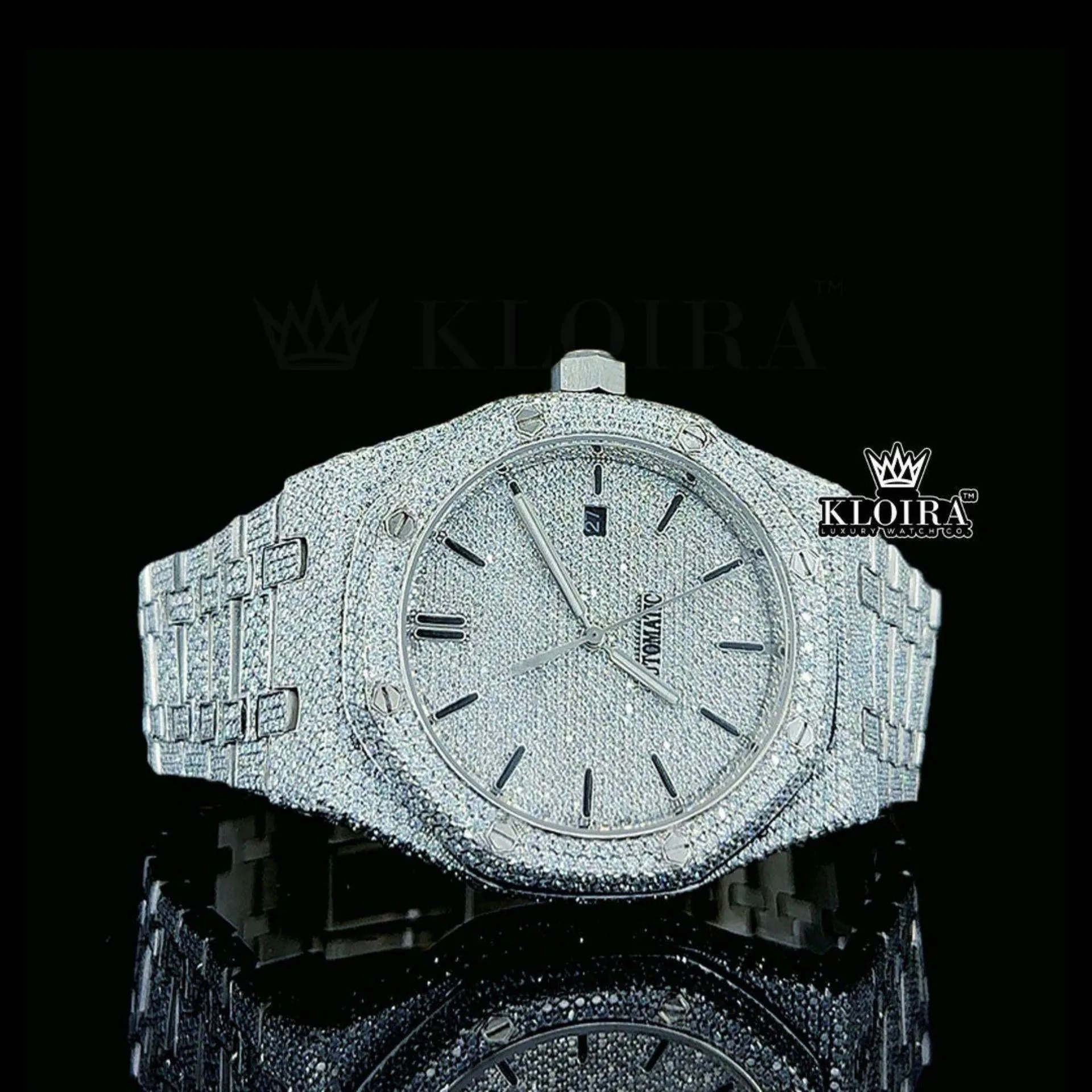 Fully Iced Out White Dial AP Moissanite Diamond Watch Front View