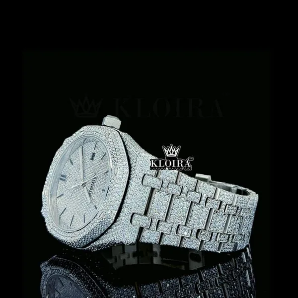 Fully Iced Out White Dial AP Moissanite Diamond Watch Left Profile View