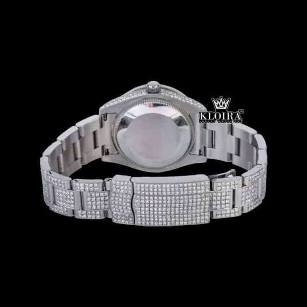 Fully Iced Out White Dial Black Roman Numerals Moissanite Diamond Watch Caseback View