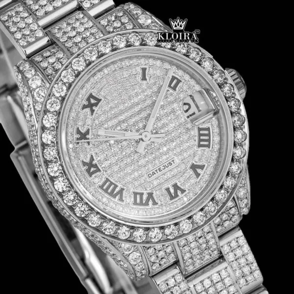 Fully Iced Out White Dial Black Roman Numerals Moissanite Diamond Watch Close Up Dial View