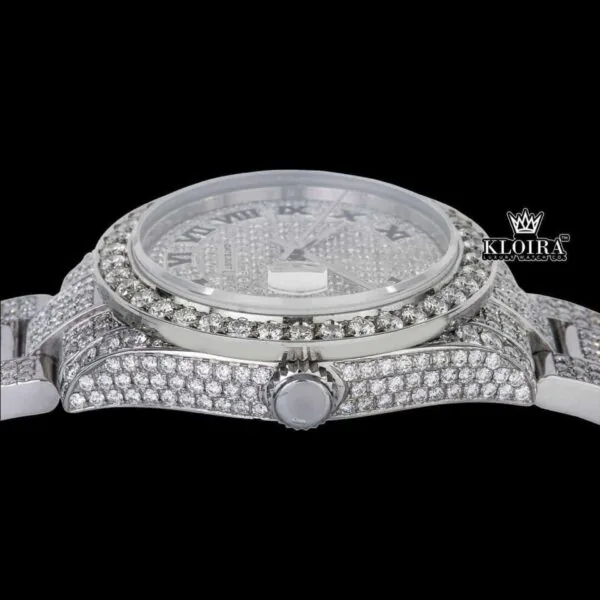 Fully Iced Out White Dial Black Roman Numerals Moissanite Diamond Watch Crown View
