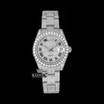 Fully Iced Out White Dial Black Roman Numerals Moissanite Diamond Watch