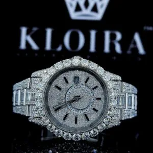 Fully Iced Out White Dial Black Stick Markers Baguette Moissanite Watch