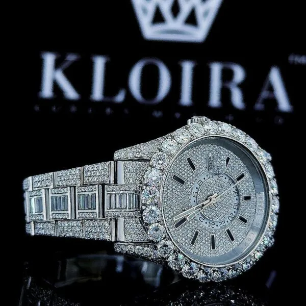 Fully Iced Out White Dial Black Stick Markers Baguette Moissanite Watch Right Strap View