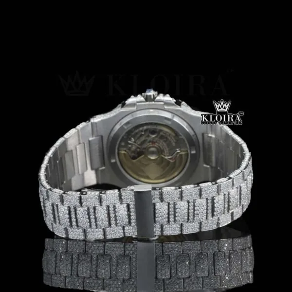 Fully Iced Out White Dial Black Stick Markers Lab-Grown Diamond Watch Caseback View