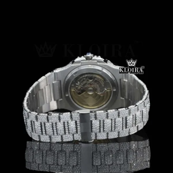 Fully Iced Out White Dial Black Stick Markers Moissanite Diamond Watch Caseback View