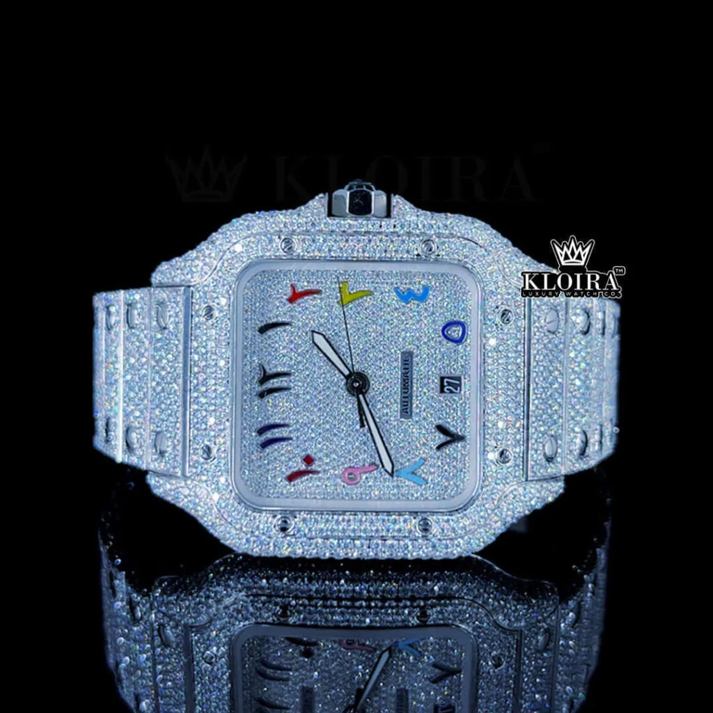 Fully Iced Out White Dial Rainbow Arabic Numerals moissanite Watch