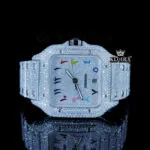 Fully Iced Out White Dial Rainbow Arabic Numerals Moissanite Watch