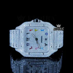 Fully Iced Out White Dial Rainbow Arabic Numerals Moissanite Watch