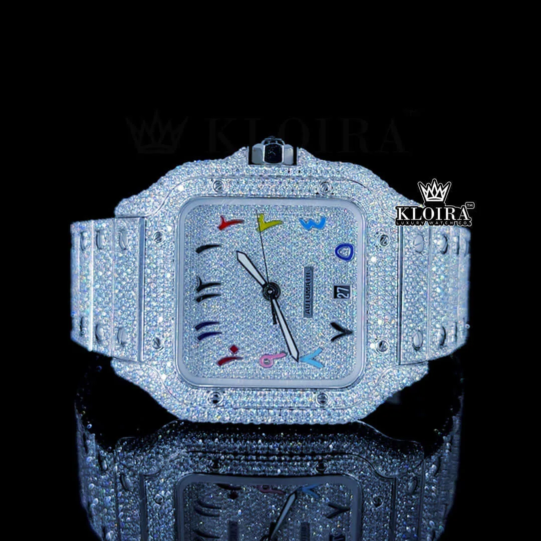 Fully Iced Out White Dial Rainbow Arabic Numerals moissanite Watch