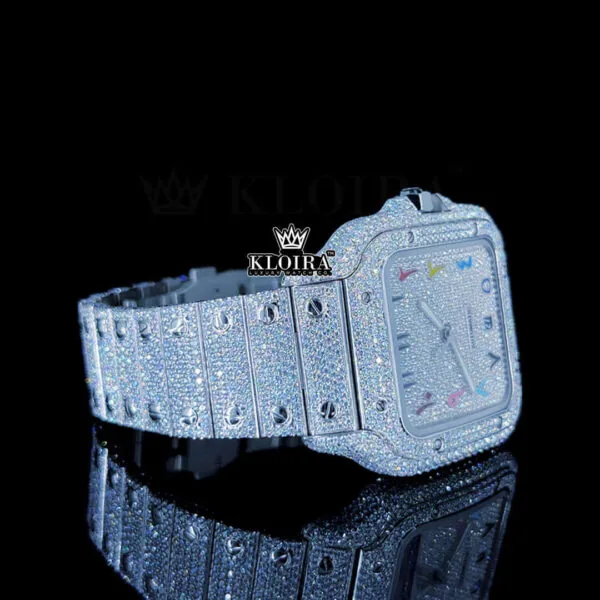 Fully Iced Out White Dial Rainbow Arabic Numerals Moissanite Watch Right Profile View