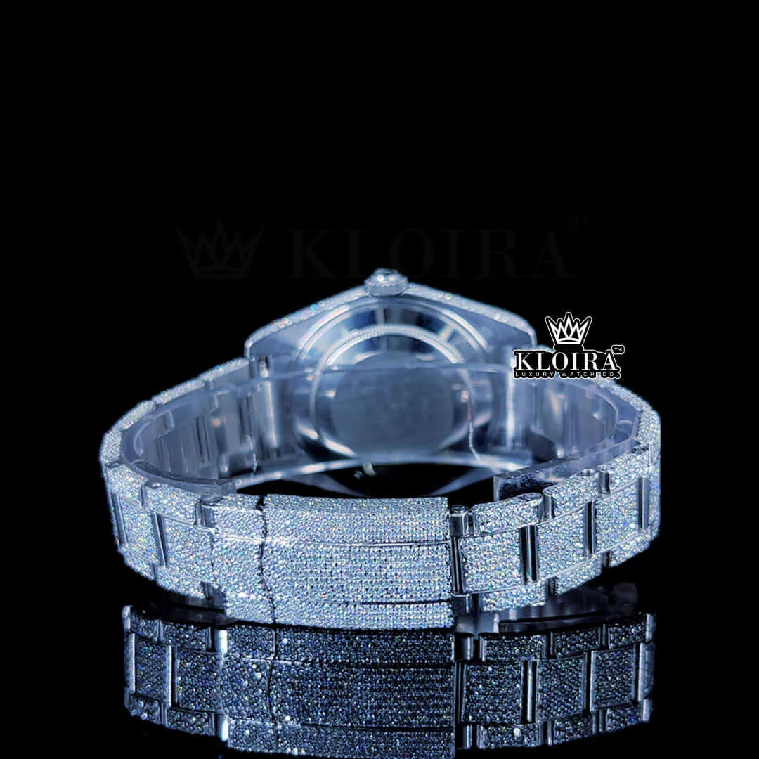 Fully Iced Out White Dial Roman Black Numerals Moissanite Watch Caseback View