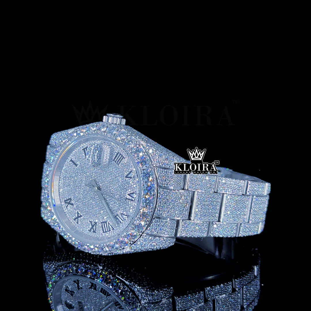 Fully Iced Out White Dial Roman Black Numerals Moissanite Watch Left Profile View