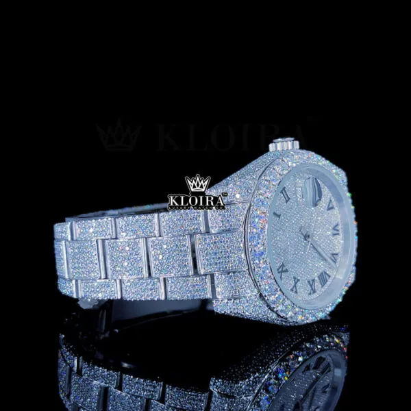 Fully Iced Out White Dial Roman Black Numerals Moissanite Watch Right Profile View