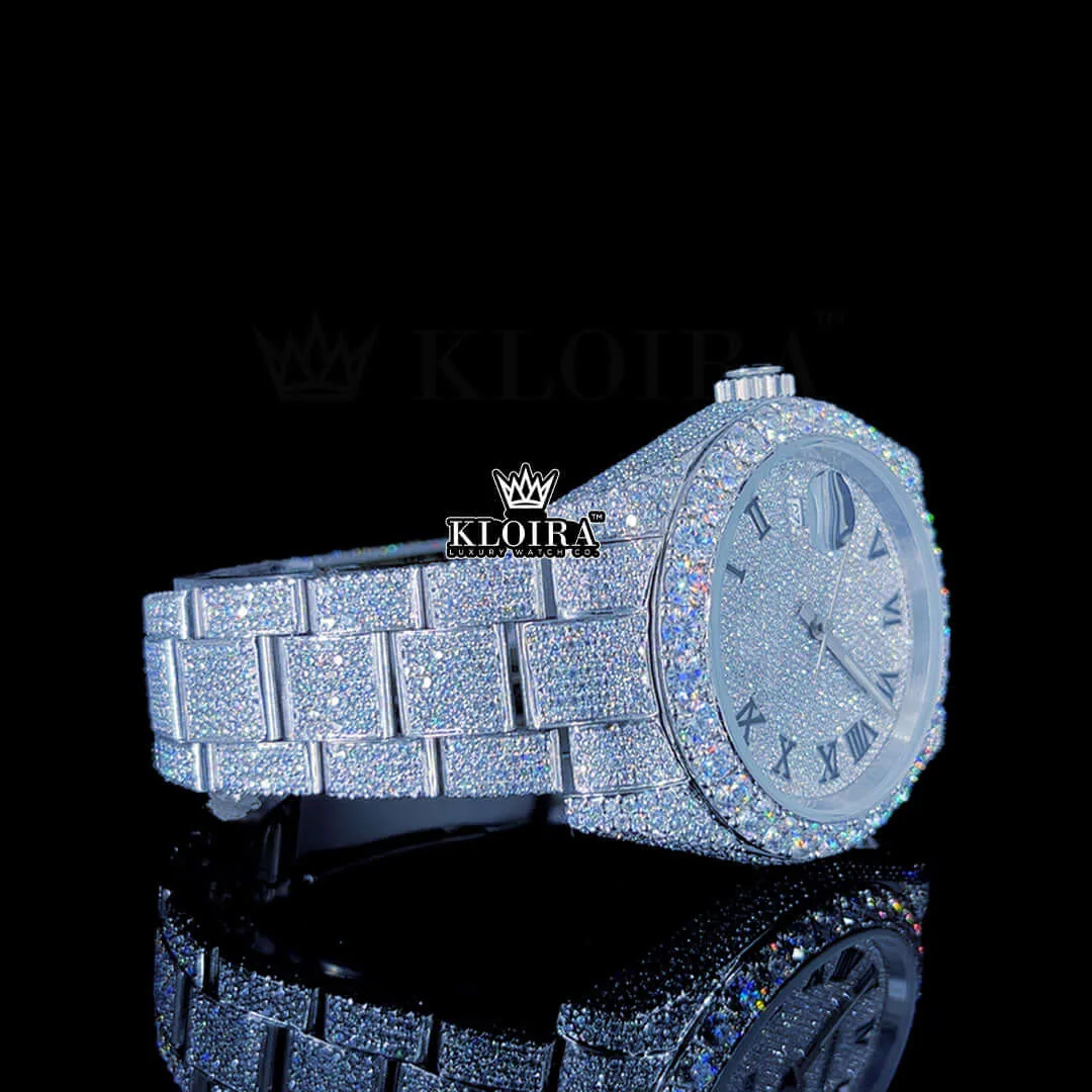 Fully Iced Out White Dial Roman Black Numerals Moissanite Watch Right Profile View