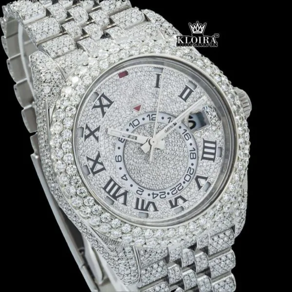 Fully Iced Out White Dial RomanNumerals Moissanite Diamond Watch Close Up Dial View