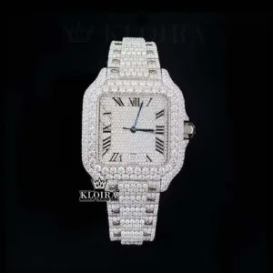 Fully Iced Out White Roman Dial Block Link Strap Moissanite Watch