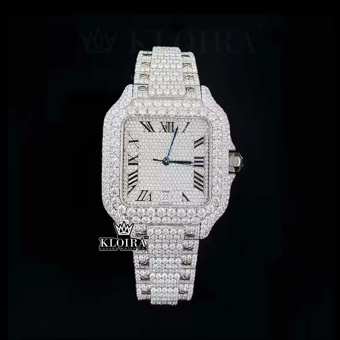 Fully Iced Out White Roman Dial Block Link Strap Moissanite Watch Front View