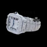 Fully Iced Out White Roman Dial Block Link Strap Moissanite Watch Left Profile View