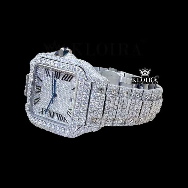 Fully Iced Out White Roman Dial Block Link Strap Moissanite Watch Left Profile View