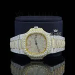 Fully Iced Out Yellow Dial Diamond Markers Natural Diamond Watch Close Up Front View