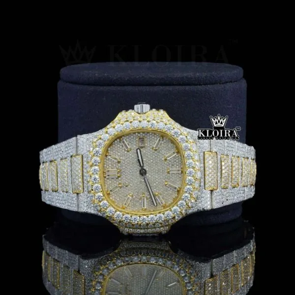 Fully Iced Out Yellow Dial Diamond Markers Natural Diamond Watch Close Up Front View