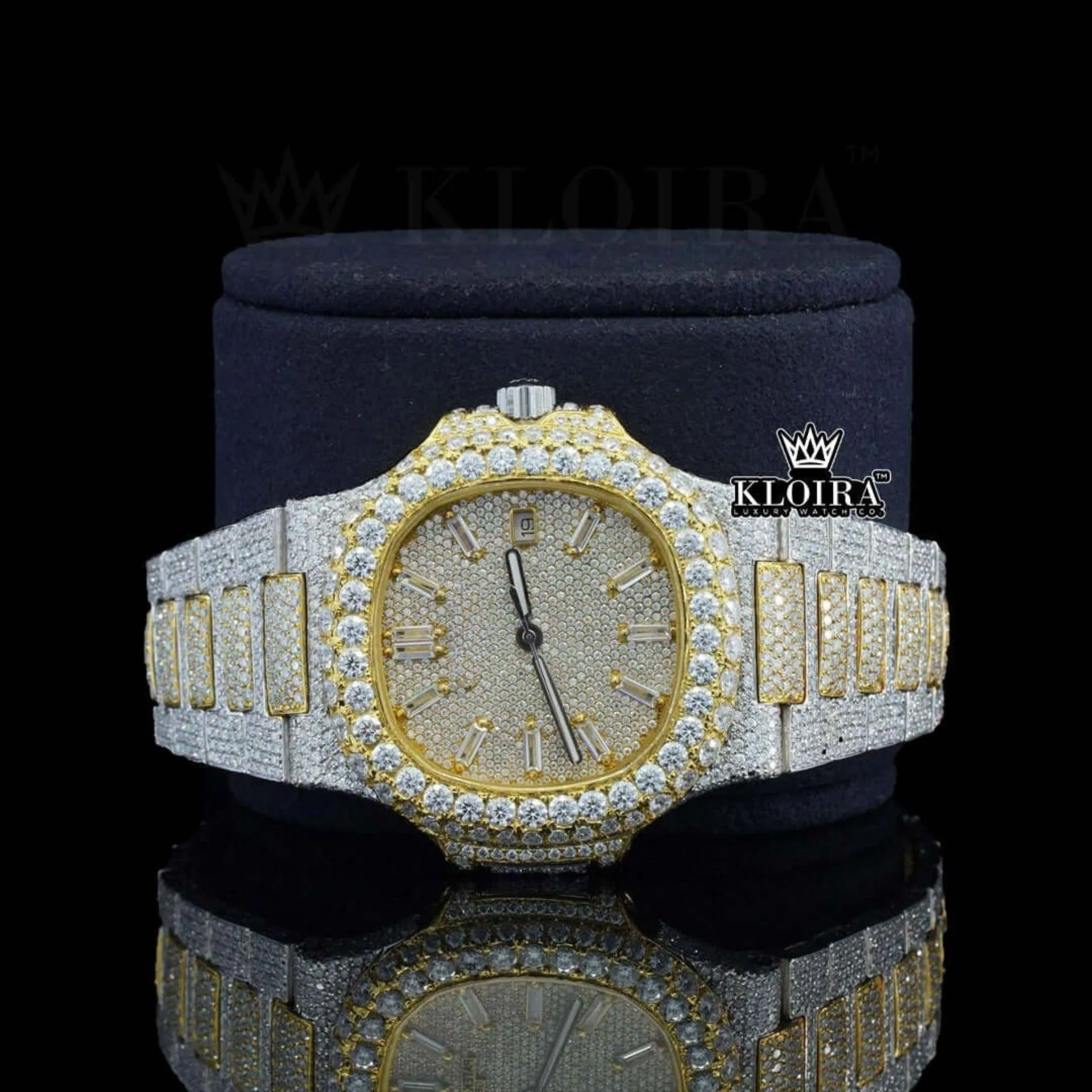 Fully Iced Out Yellow Dial Diamond Markers Natural Diamond Watch Close Up Front View