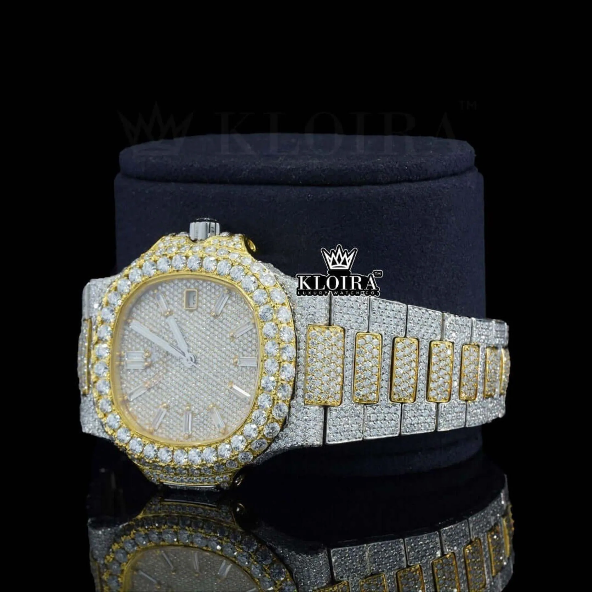 Fully Iced Out Yellow Dial Diamond Markers Natural Diamond Watch Left Profile View