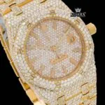 Fully Iced Out Yellow Gold Stick Markers Moissanite Diamond Watch Close Up Dial View
