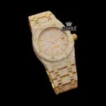 Fully Iced Out Yellow Gold Stick Markers Moissanite Diamond Watch Close Up Front View