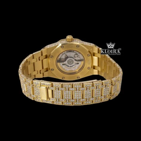 Fully Iced Out Yellow Gold White Dial Diamond Markers Moissanite Watch Caseback View