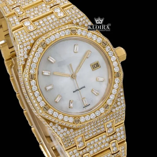 Fully Iced Out Yellow Gold White Dial Diamond Markers Moissanite Watch Close Up Dial View