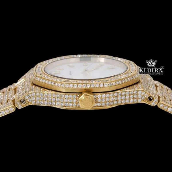 Fully Iced Out Yellow Gold White Dial Diamond Markers Moissanite Watch Crown View