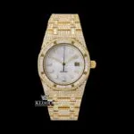 Fully Iced Out Yellow Gold White Dial Diamond Markers Moissanite Watch