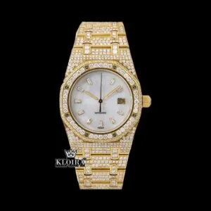 Fully Iced Out Yellow Gold White Dial Diamond Markers Moissanite Watch