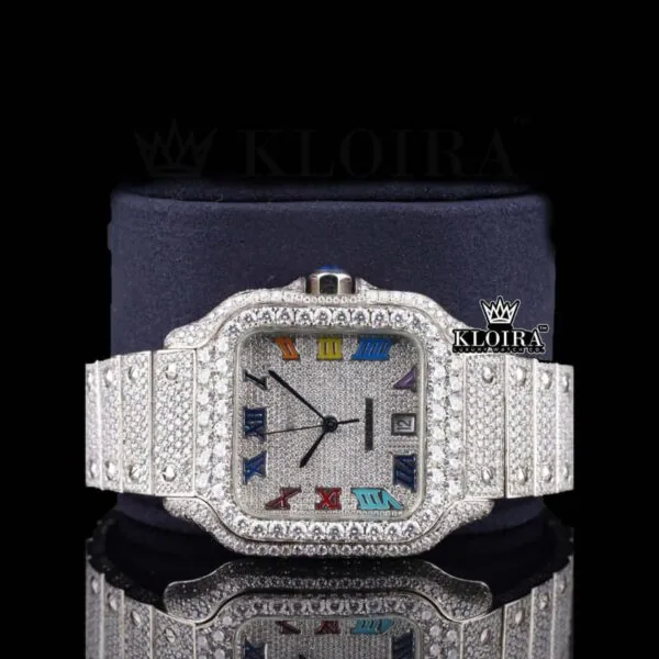 Fully Iced Rainbow Roman Numerals White Dial Moissanite Diamonds Watch Front Close Up View