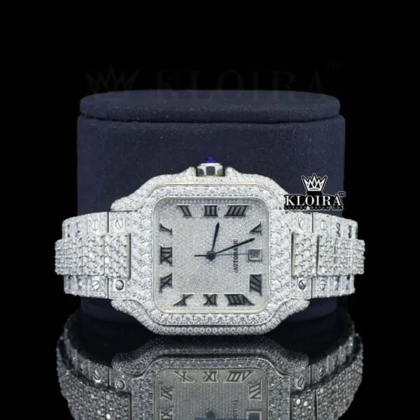 Fully Iced Square White Dial Roman Numerals Moissanite Diamond Watch Close Up Front View