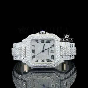 Fully Iced Square White Dial Roman Numerals Moissanite Diamond Watch