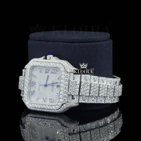 Fully Iced Square White Dial Roman Numerals Moissanite Diamond Watch Left Profile View