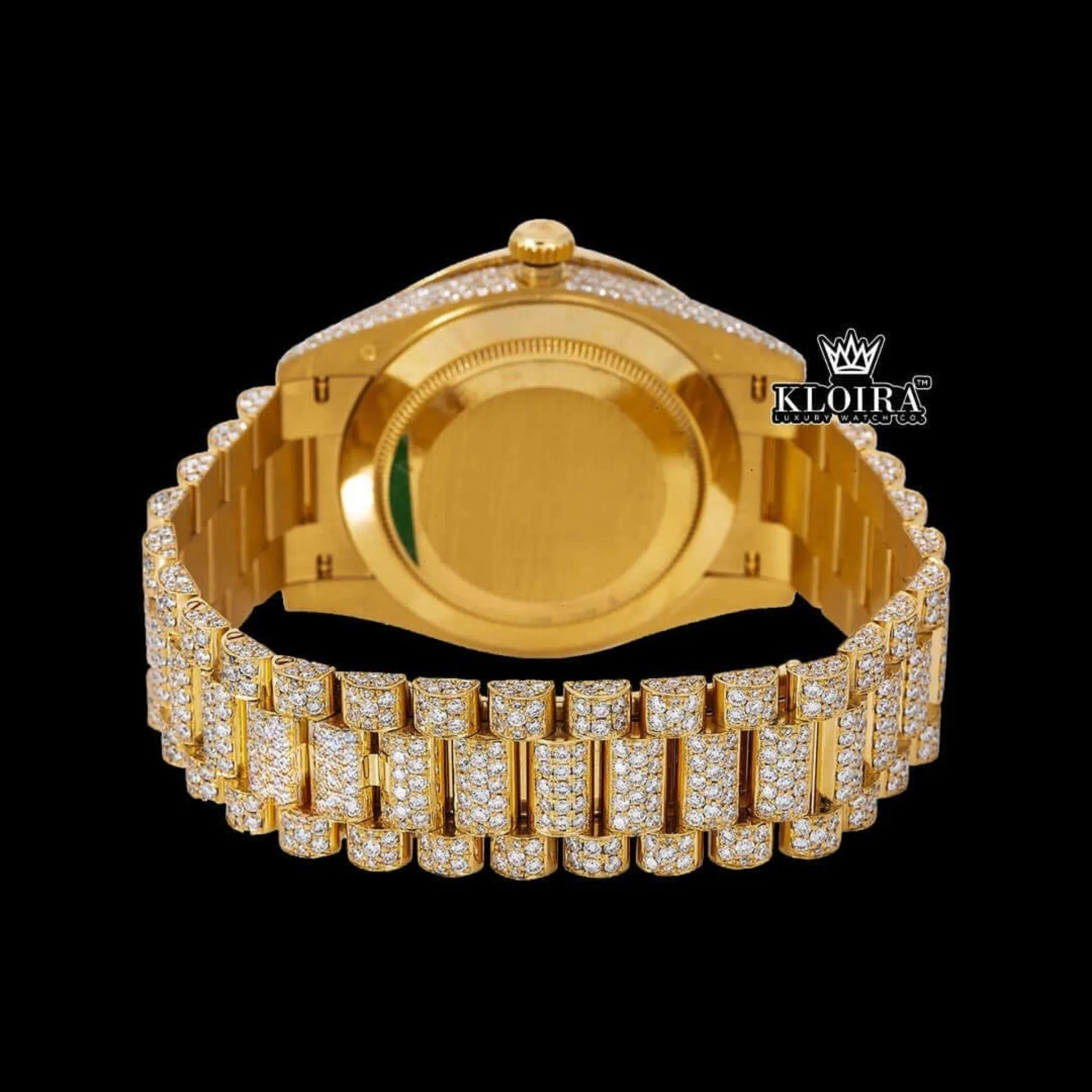 Gold Roman Numeral Watch Moissanite Diamond 14K Gold VVS 20 Carat 42mm Caseback View