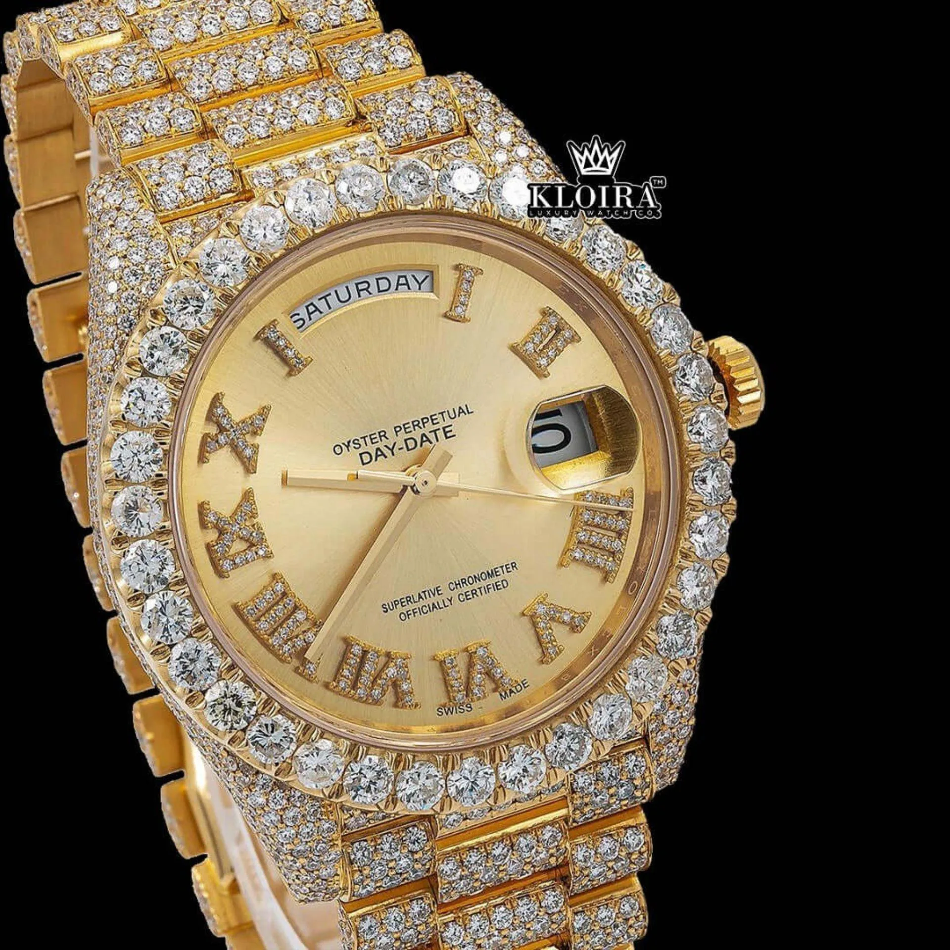 Gold Roman Numeral Watch Moissanite Diamond 14K Gold VVS 20 Carat 42mm Close Up Dial View