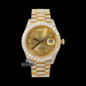 Yellow Dial Roman Numerals Day Date Display Iced Out Moissanite Watch