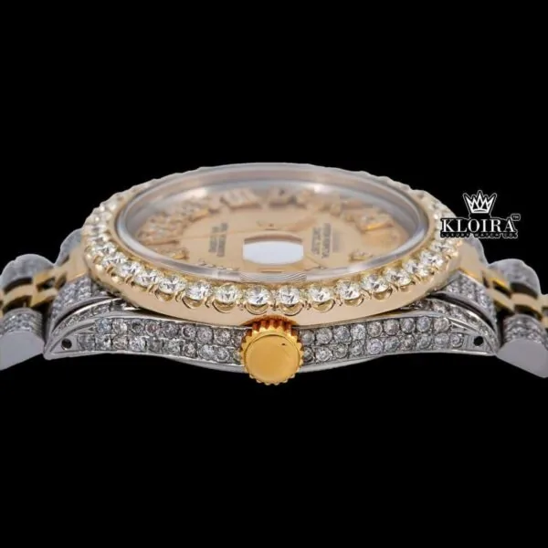 Gold Roman Numerals Yellow Dial Two Tone Moissanite Diamond Watch Crown View