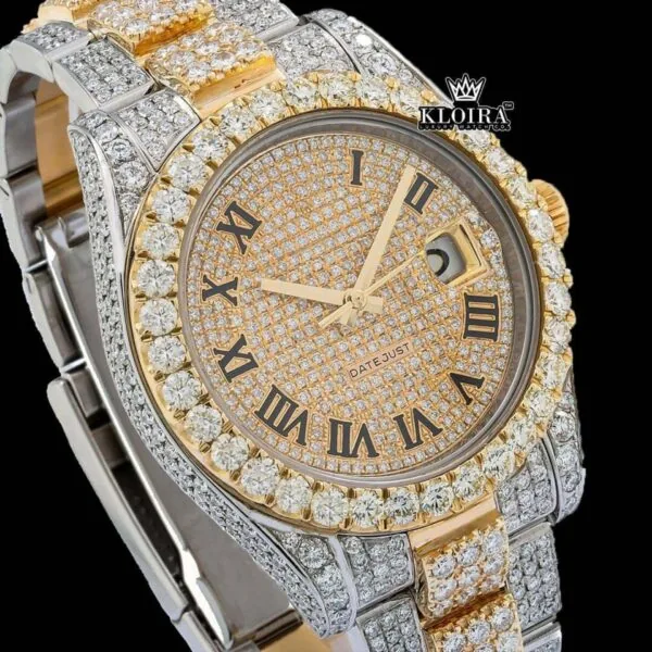 Gold Silver Two Tone Roman Numerals Moissanite Diamond Watch Close Up Dial View