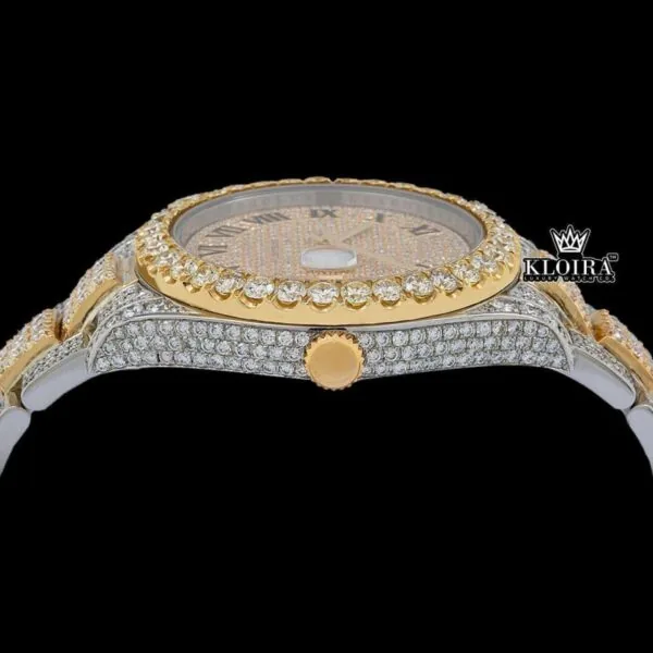 Gold Silver Two Tone Roman Numerals Moissanite Diamond Watch Crown View